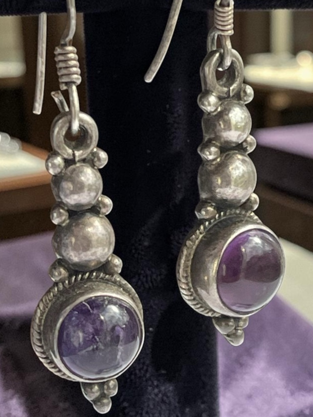 Vintage Sterling Silver Amethyst Cabochon Drop Earrings Boho Artisan